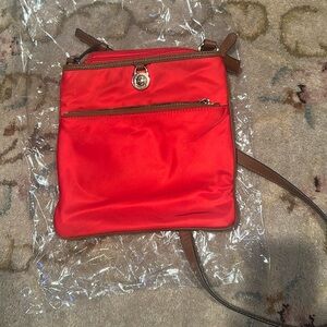 Michael Kors Red Shoulder Bag With brown strap and Gold MK Logo & Zip Pocket